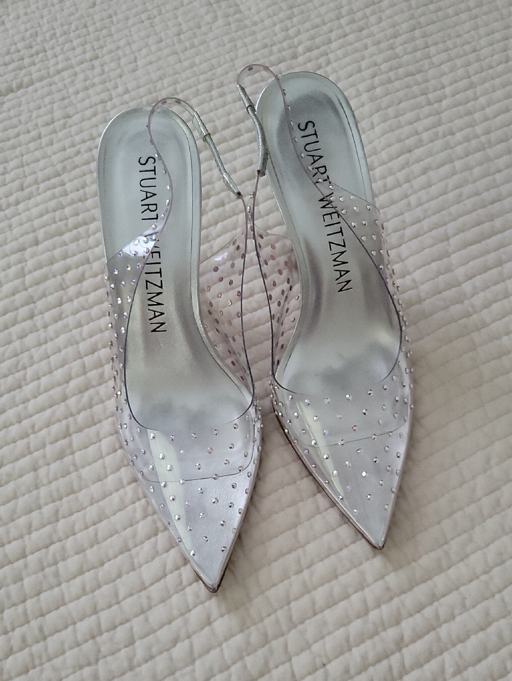 Stuart Weitzman XCurve Crystal-Embellished Silver PVC Pointed Slingbacks sz 8